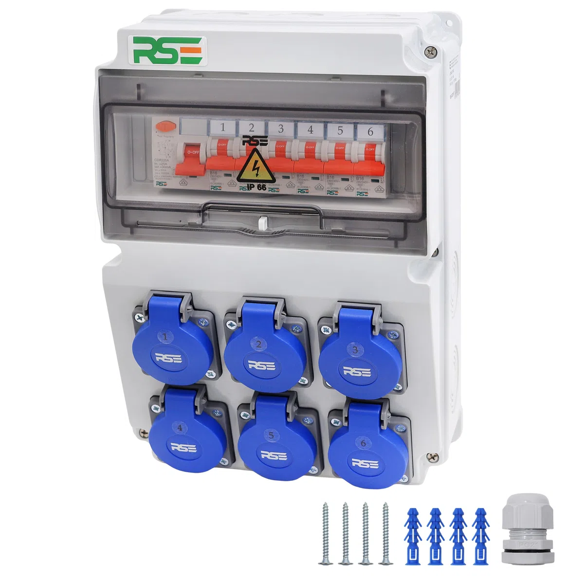 RSE Distribuidor de corriente de montaje para pared, cable completo, 230 V, Schuko con contador a elegir IP65, 8. 6 x 230 V con LS + FI