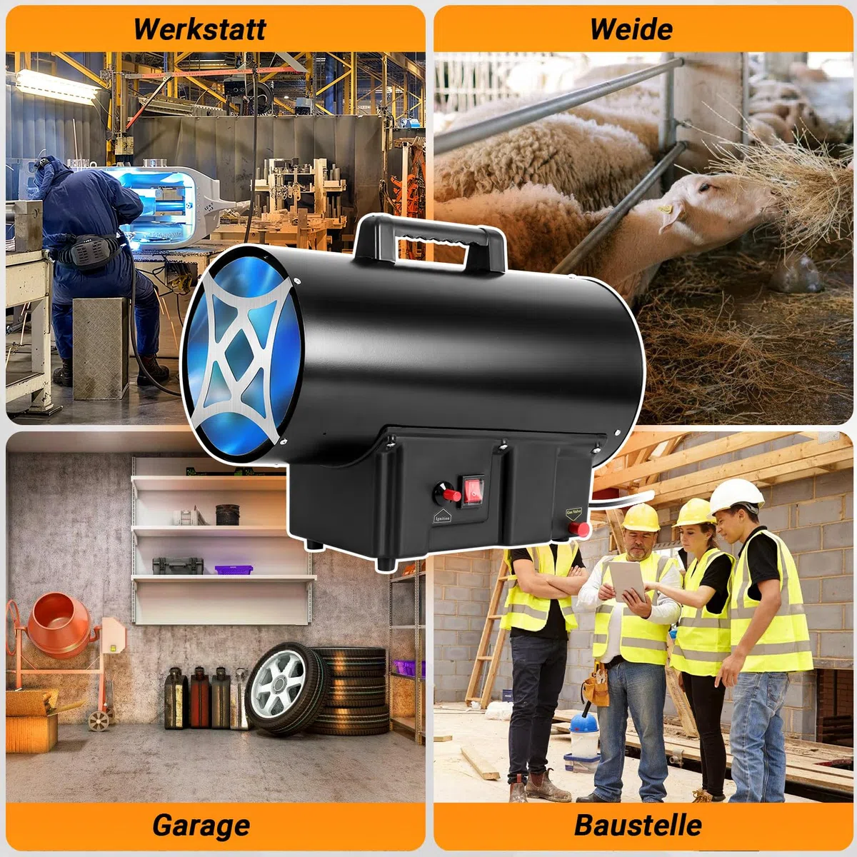 Pistola de gas, 15 kW, incluye manguera de conexión y regulador de presión de gas de 700 mbar, superficie efectiva: 225 m², para obras de construcción, áreas de almacenamiento ventiladas