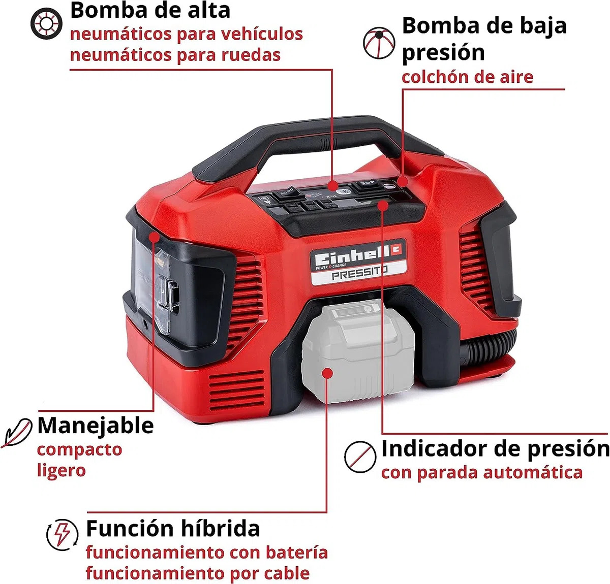 Einhell Compresor híbrido Pressito Power X-Change (18 V, con cable de corriente o batería recargable, incluye conjunto de inflado de 3 piezas, sin batería ni cargador)
