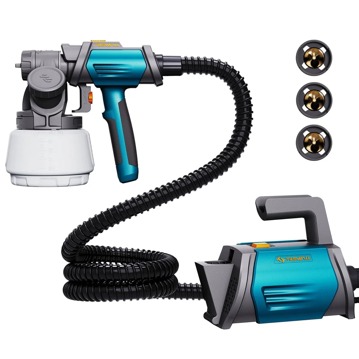 Tilswall Shark800 Pistola Pintura, Pulverizador de Pintura HVLP 800W, 4 Boquillas y 3 Patrones, Contenedor de Pintura con Recarga Lateral, 120 DIN-s Pistola de Pintura, para Vallas, Jardín y Muebles