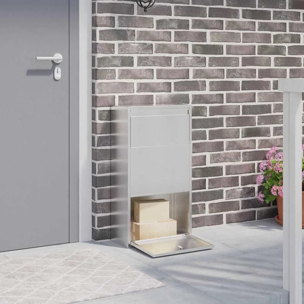 vidaXL Caja de Entrega de Paquetes con Puerta Plateado 44 x 22 x 82 cm, Buzón Elegante para jardín y terraza, Materiales Resistentes al Agua, Guarda Tus Paquetes a Salvo