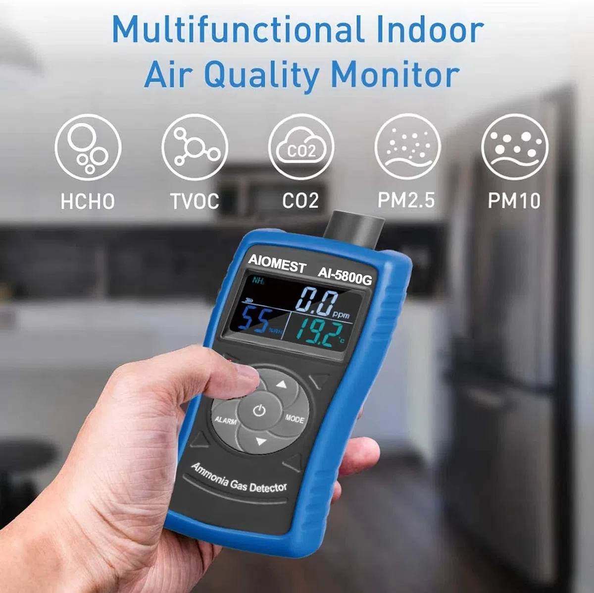 Detector de Amoníaco Profesional AIOMEST AI-5800G - Medidor NH3 Aire 0-100PPM con Alarma, Sensor Humedad/Temperatura para Decoración Hogar, Granjas Avícolas e Industria