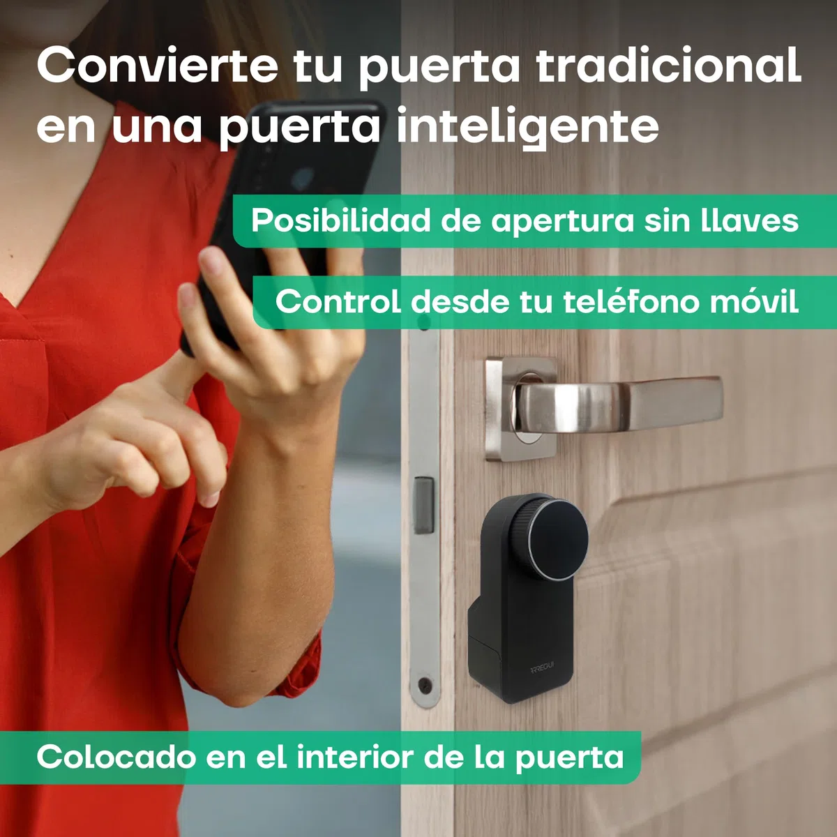 Arregui SPIN + BRIDGE – Cerradura Electrónica Inteligente con Apertura vía App, Mando y Keypad | Control desde Smartphone | Control Remoto Bridge Compatible Google y Alexa | Instalación sin Perforar