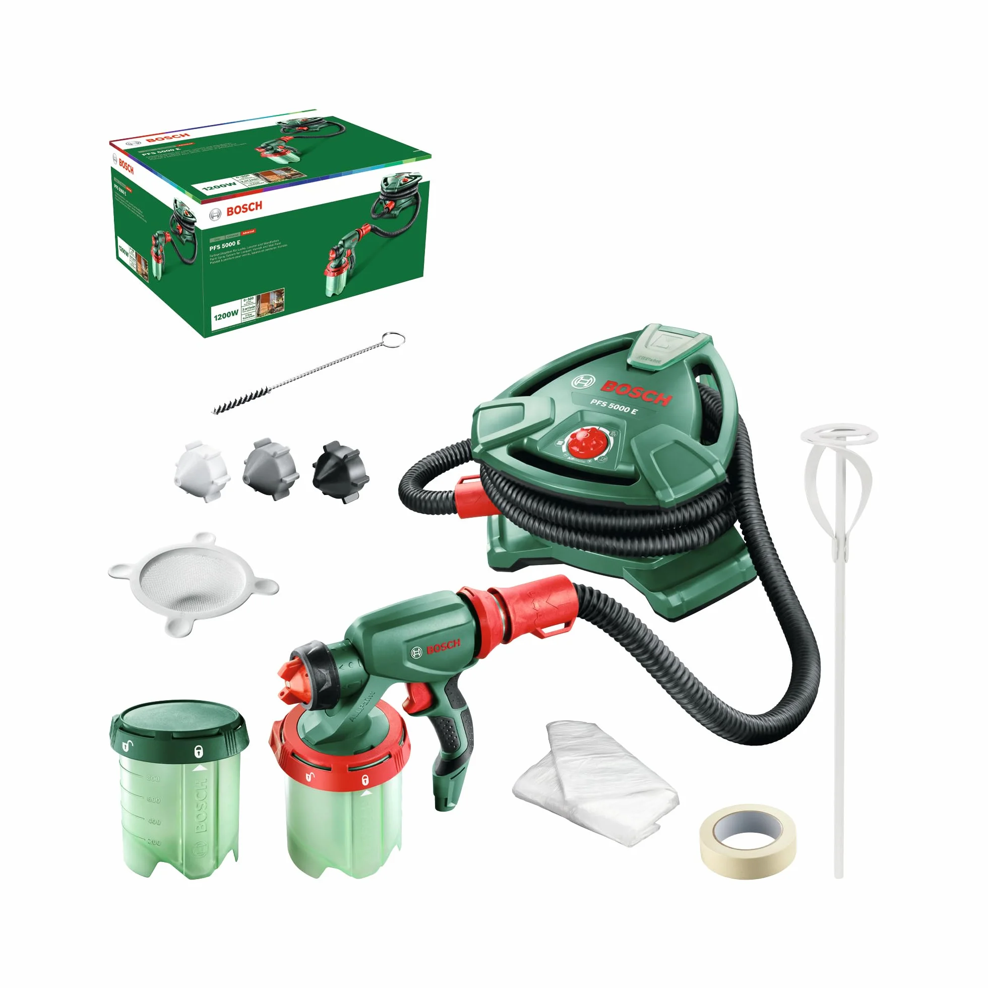 Bosch Sistema de Pulverización de Pintura PFS 5000 E (1200 W, 2X depósitos de Pintura de 1000 ml, boquillas para Pinturas murales, lacas de Colores y lacas incoloras)