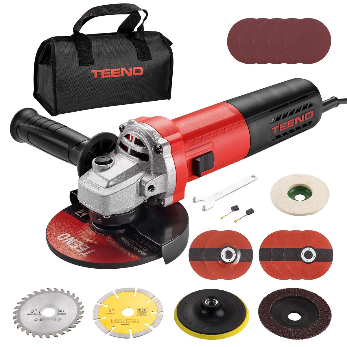 TEENO Amoladora Angular 125 MM 1000W 2000-12000 RPM Con 20 Accesorios, Radial Pequeña 125 mm, Amoladora Pequeña Para Cortar, Esmerilar y Pulir Metal, Madera, Cerámica y Piedra, Bolsa de Herramientas