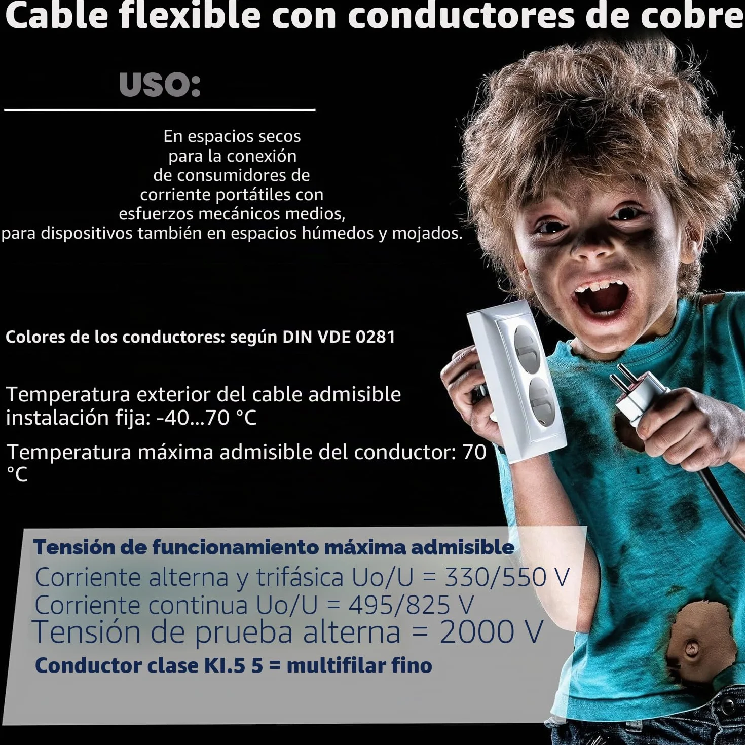 EBROM H05VV-F 2 x 1,5 mm² Cable de Plástico Redondo de Alimentación Negro