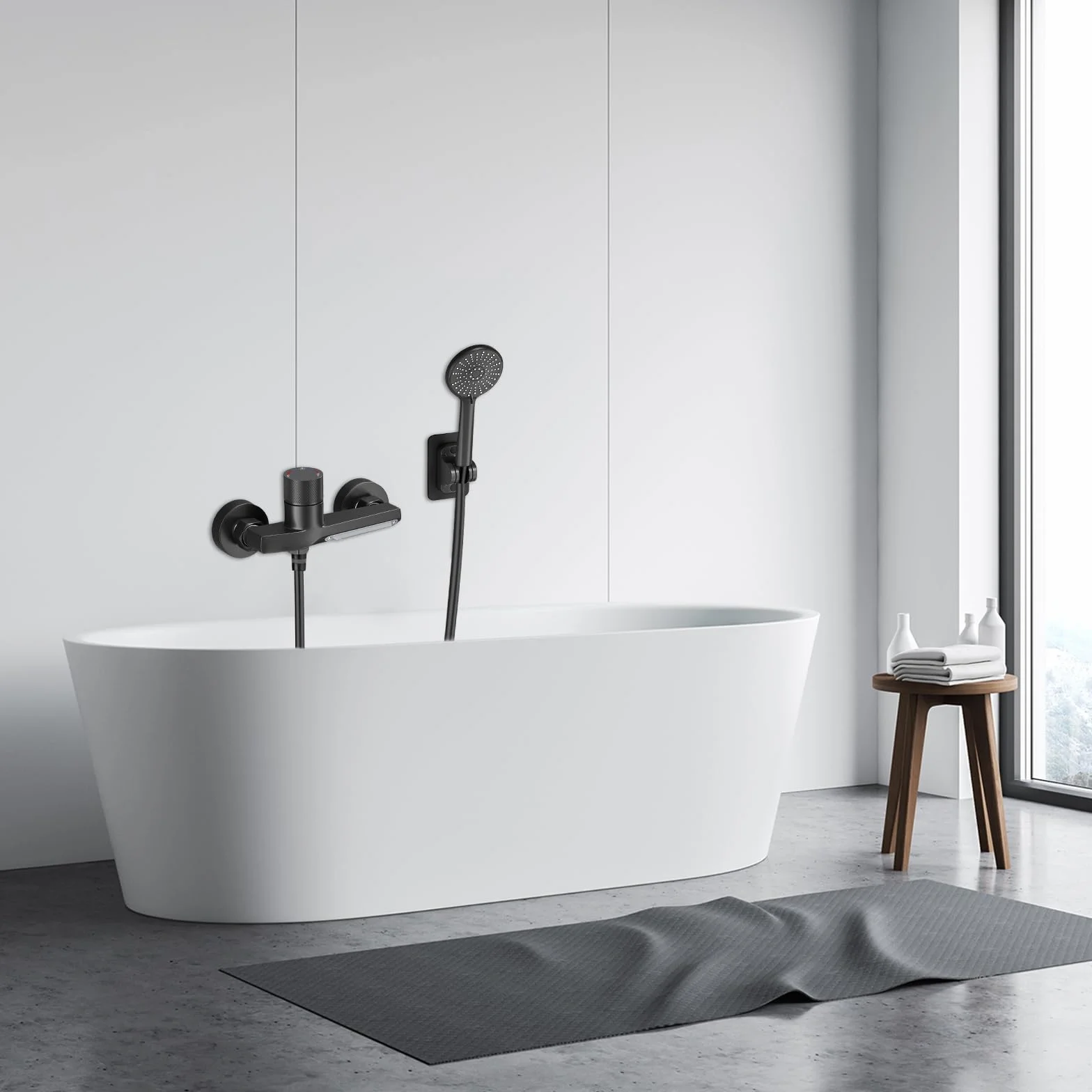 Grifo Bañera Negro en Cascada, Grifo Mural de Latón para Ducha y Baño, con Ducha de Mano de 3 Modos, Mezclador Monomando para Bañera Universal 1/2" Salida Inferior, con Soporte y Manguera de 1,5 m