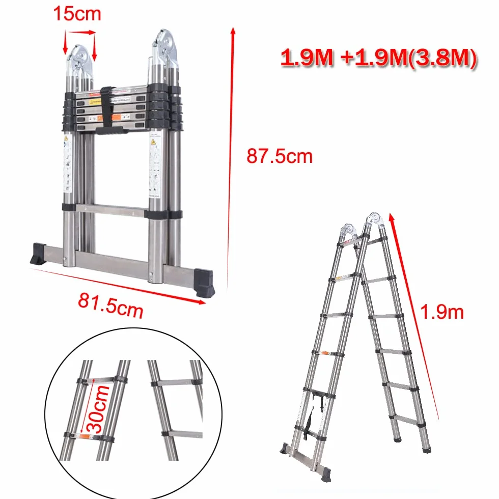 Escaleras Telescópica de 3,8M, Escalera Plegable Portátil con Marco en A, Escaleras Extensibles de Acero Inoxidable, Escalera Antideslizante Multiusos para el Hogar, Capacidad de Carga 330lbs
