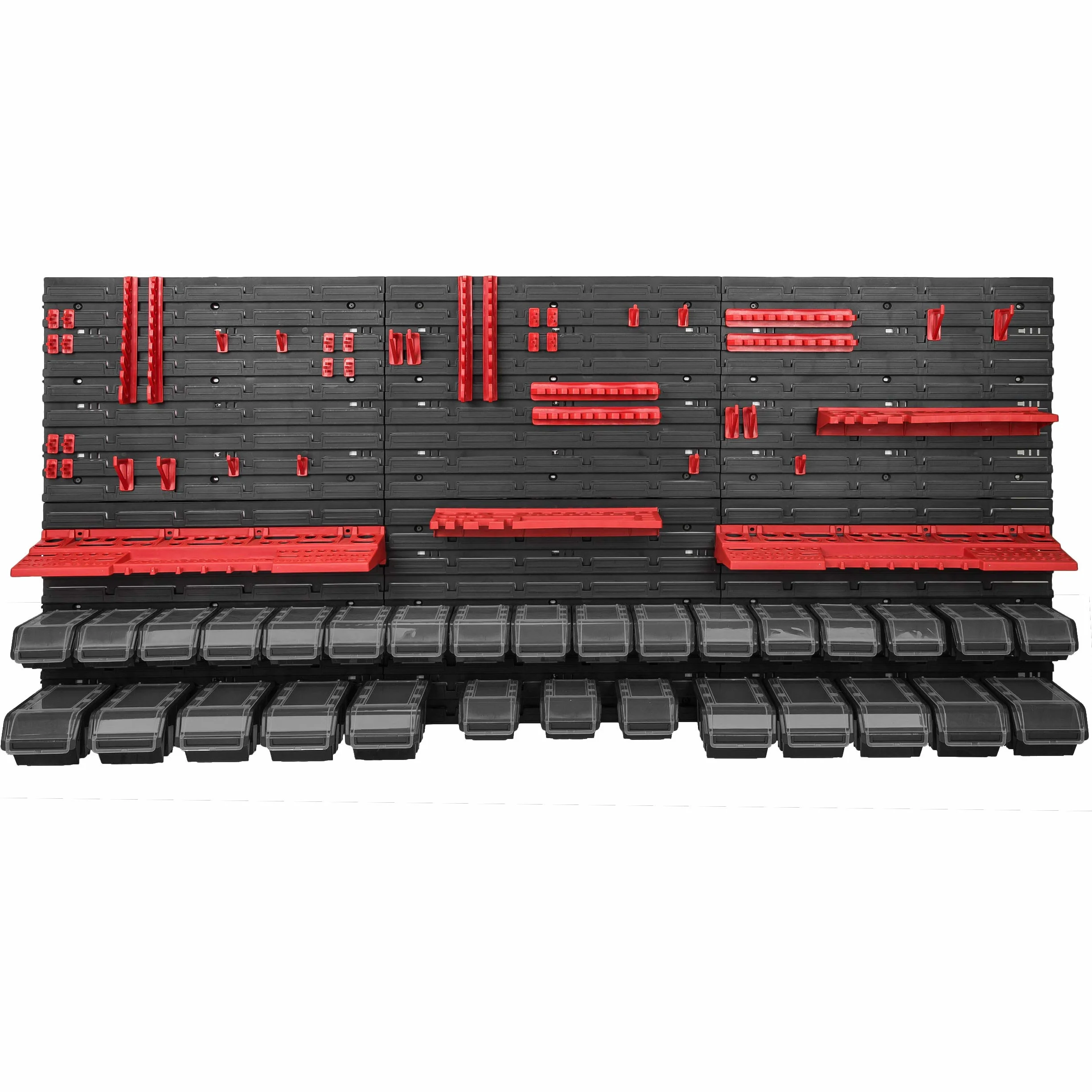 Estantería de Pared Botle de 178 x 78 cm, Kit de Almacenamiento con 30 Cajas de Plástico Negro con Tapa Transparente, Portaherramientas para Taller y Banco de Trabajo
