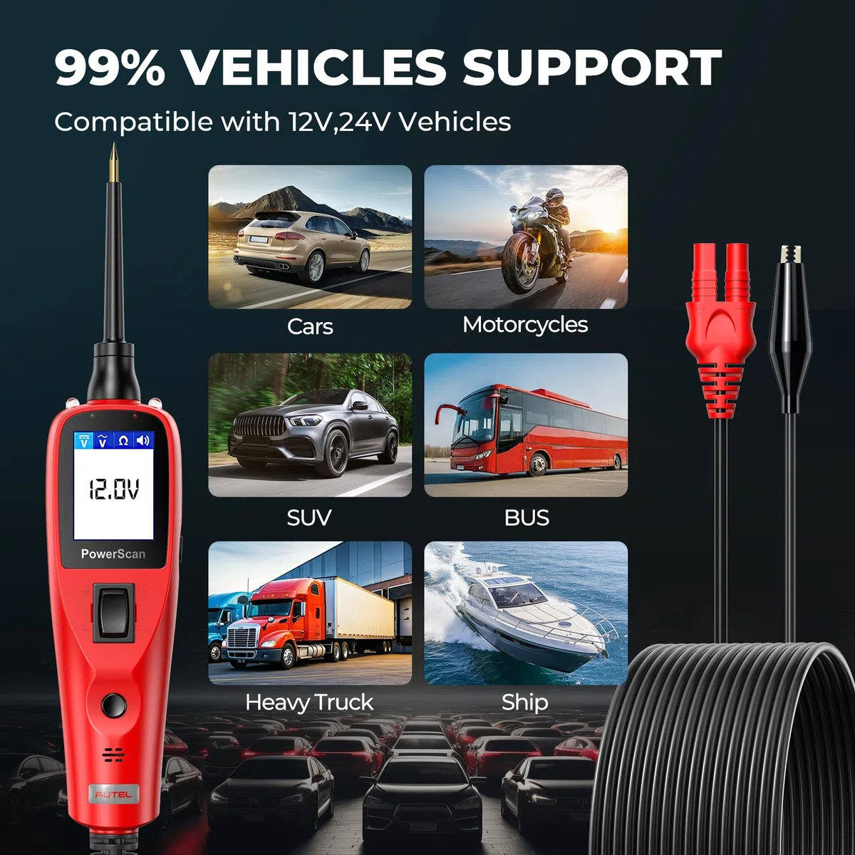 Autel® PowerScan PS100 Probador Circuitos, Pantalla LCD 12V-24V Sonda de Circuito, Detector Cortocircuito, Interruptor Abierto, Multímetro Digital, Prueba Resistencia Relés&Diodos, Verificación Tierra