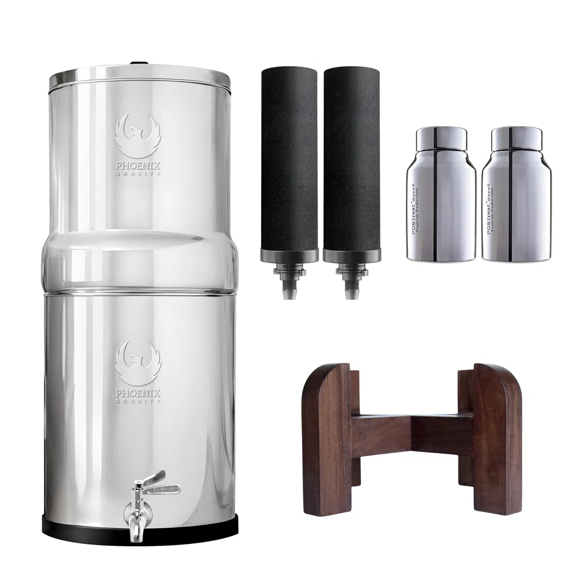 Phoenix Gravity - Sistema de filtración de agua de encimera de 12 litros, certificado NSF, acero inoxidable AISI 304, con 2 cartuchos Smart Carbon y POSTreat, y soporte de madera