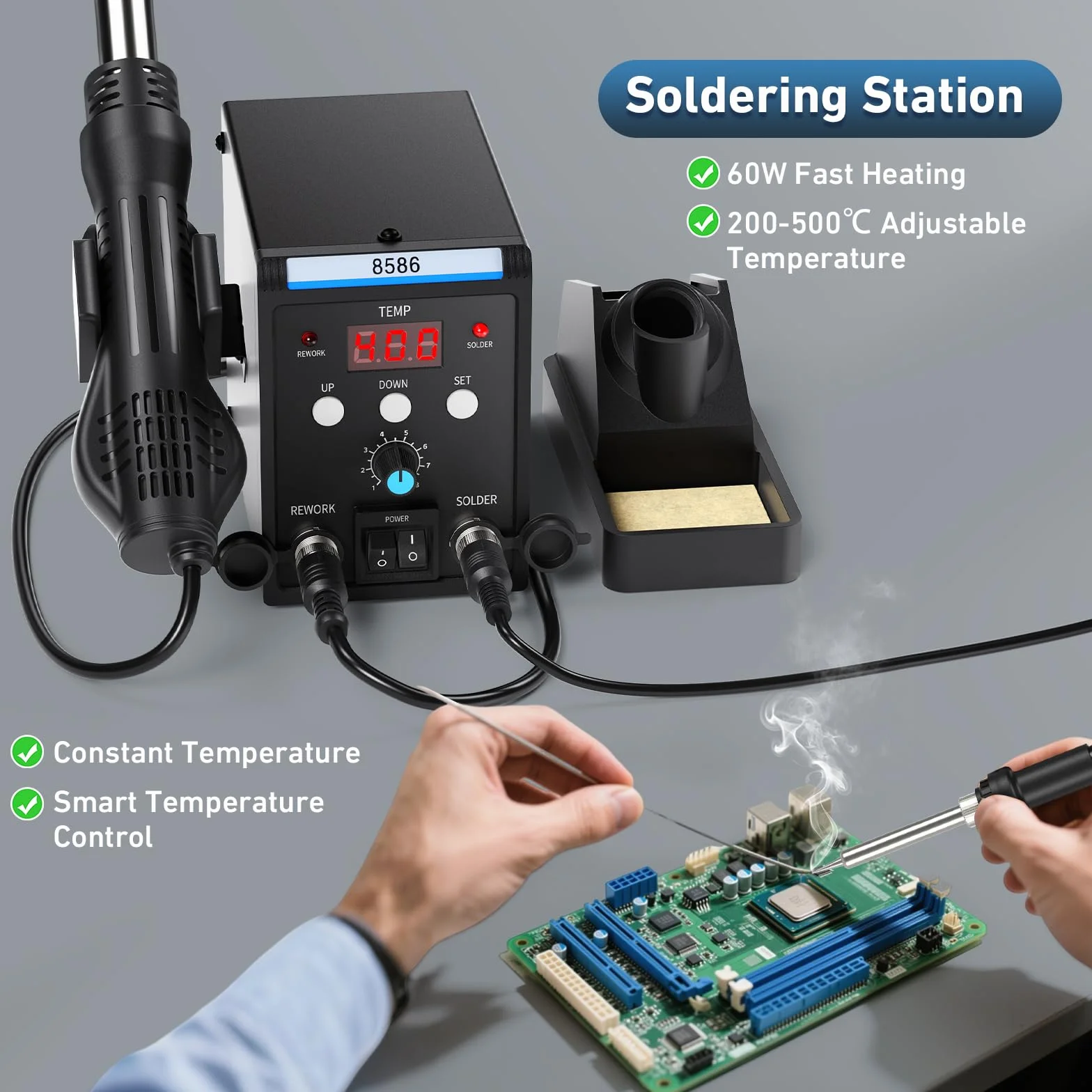 Estacion de Soldadura, 2 EN 1 Soldador Aire Caliente y Soldador Estaño con Control de Temperatura Preciso, Pantalla LED, Estacion Soldadura para Electrónicos, Proyectos de bricolaje, Reparación
