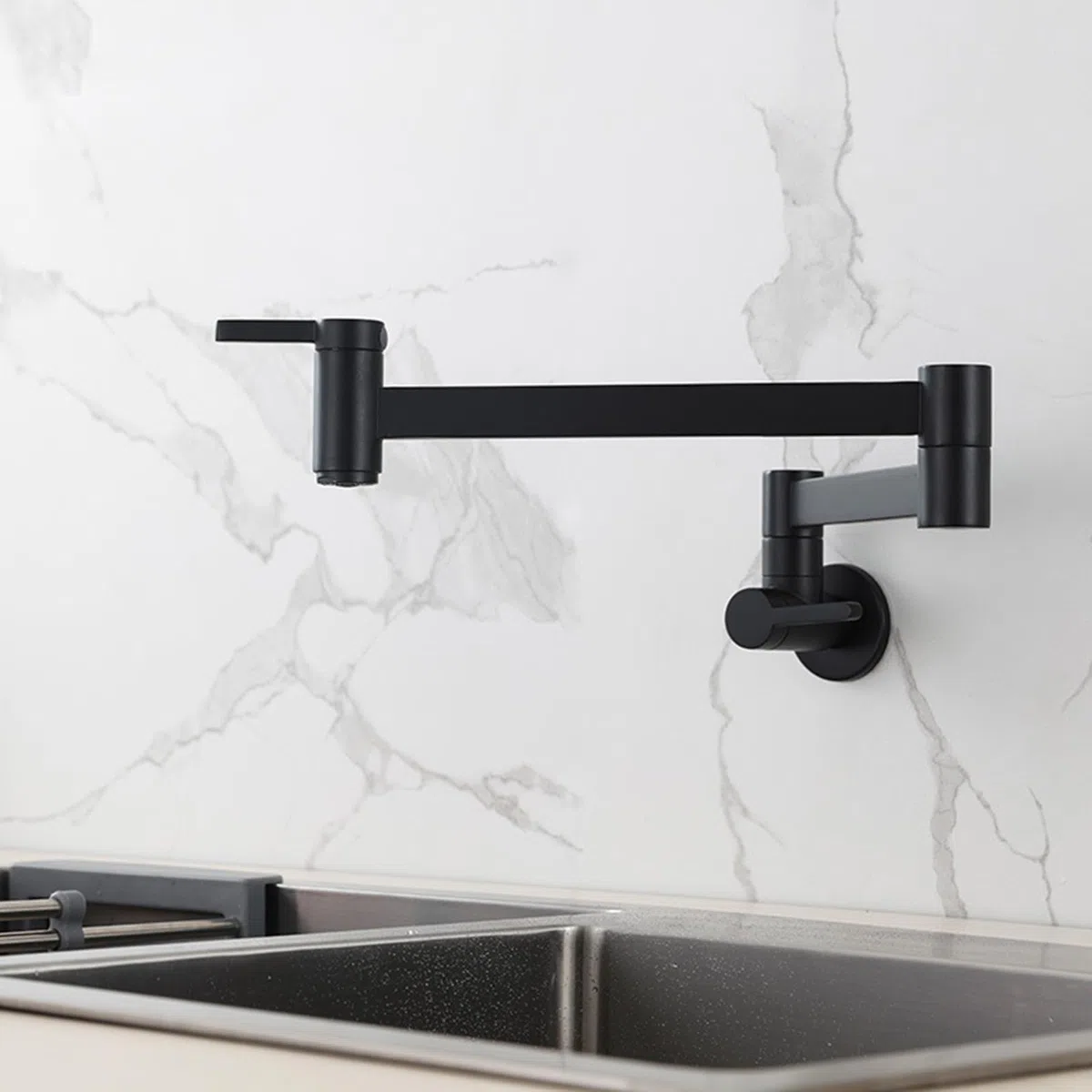 Grifo de Llenado de Ollas para Cocina Grifo de Cocina de Latón con Brazo Oscilante Doble Plegable de Refrigeración Individual Montado en La Pared,Negro