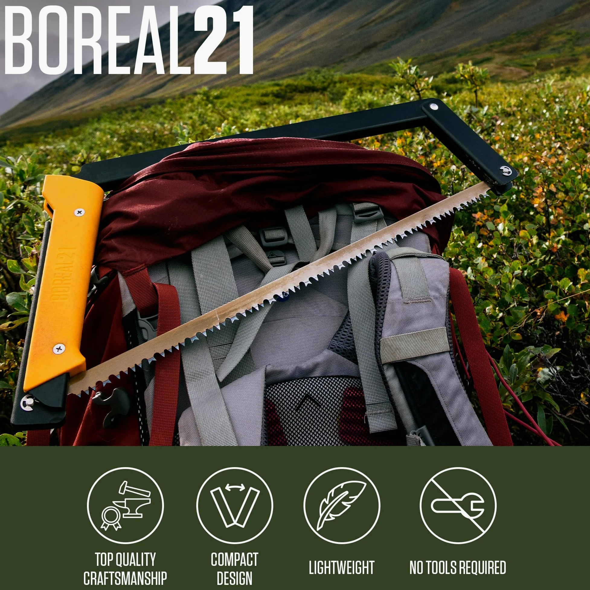 Agawa Canyon BOREAL21- Sierra de arco plegable de 21 pulgadas, marco negro, mango amarillo, hoja multiuso de 21 pulgadas