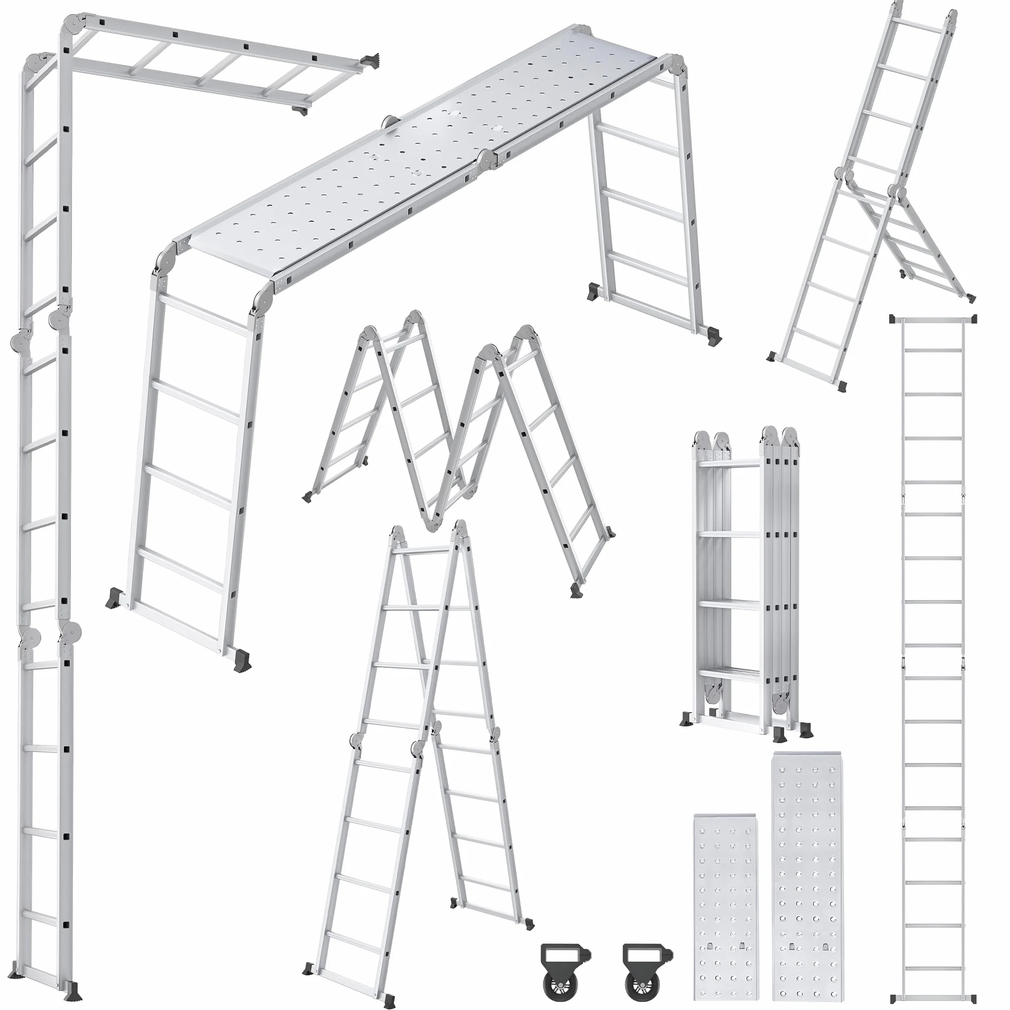 Froadp Escalera multiusos 6 en 1, 4,7 m, plegable, de aluminio, con 2 ruedas y plataforma, multifunción, soporta hasta 150 kg