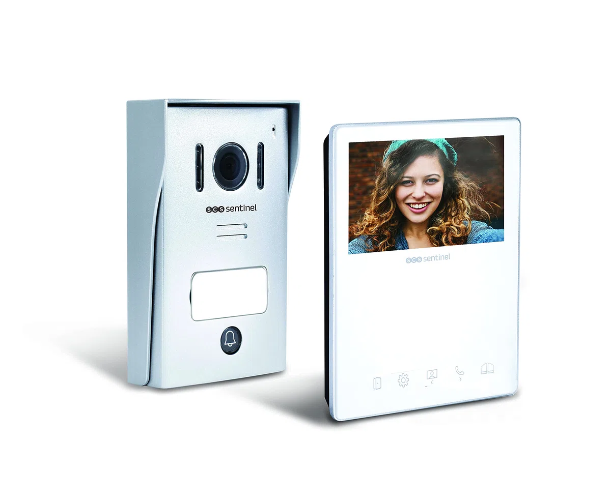SCS Sentinel - Video de intercomunicador 2 alambre - Video Porter con pantalla 4.3 " - IP55- Videófono con cable, placa de calle con visera, campana, transformador de potencia - Visiokit 4.3