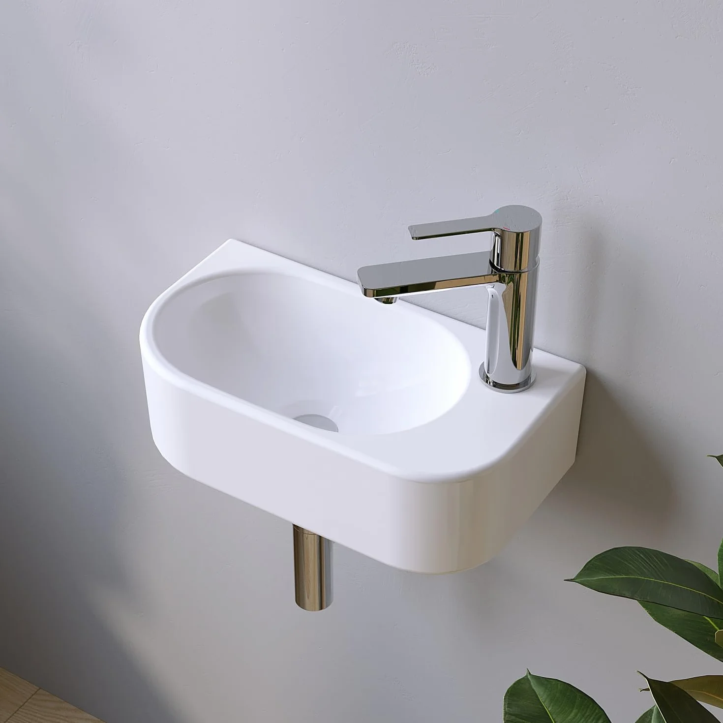 Lavabo de cerámica para lavabo, pequeño, ovalado, 40 x 21 cm, para cuarto de baño, para invitados, orificio para grifo a la derecha con tornillos de bastón, sin rebosadero, sin grifo, sin válvula de