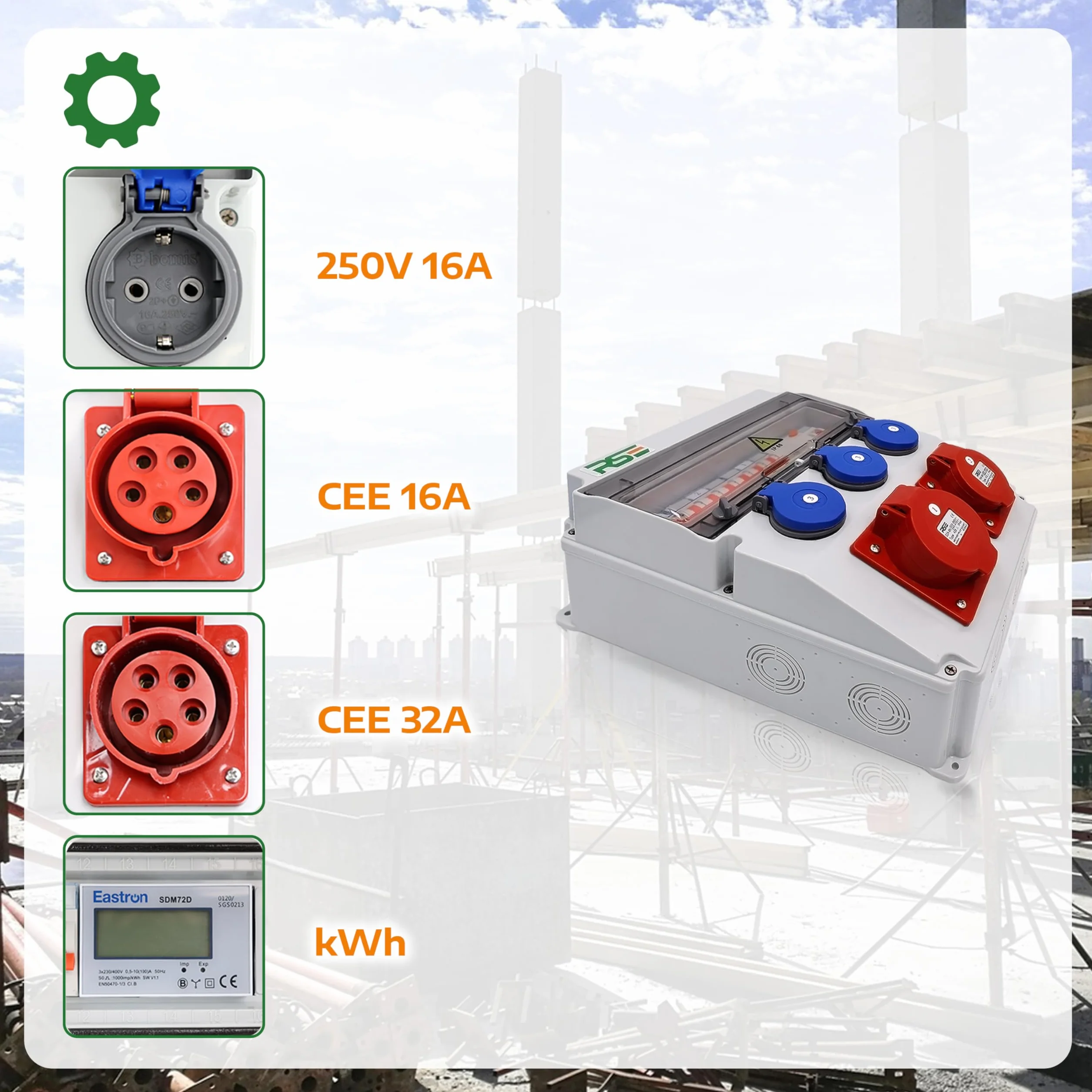 Distribuidor de corriente de pared totalmente cableado 32A 16A 230V con enchufe CEE IP65, 9. 1 x 32 A, 1 x 16 A, 3 x 230 con LS+FI