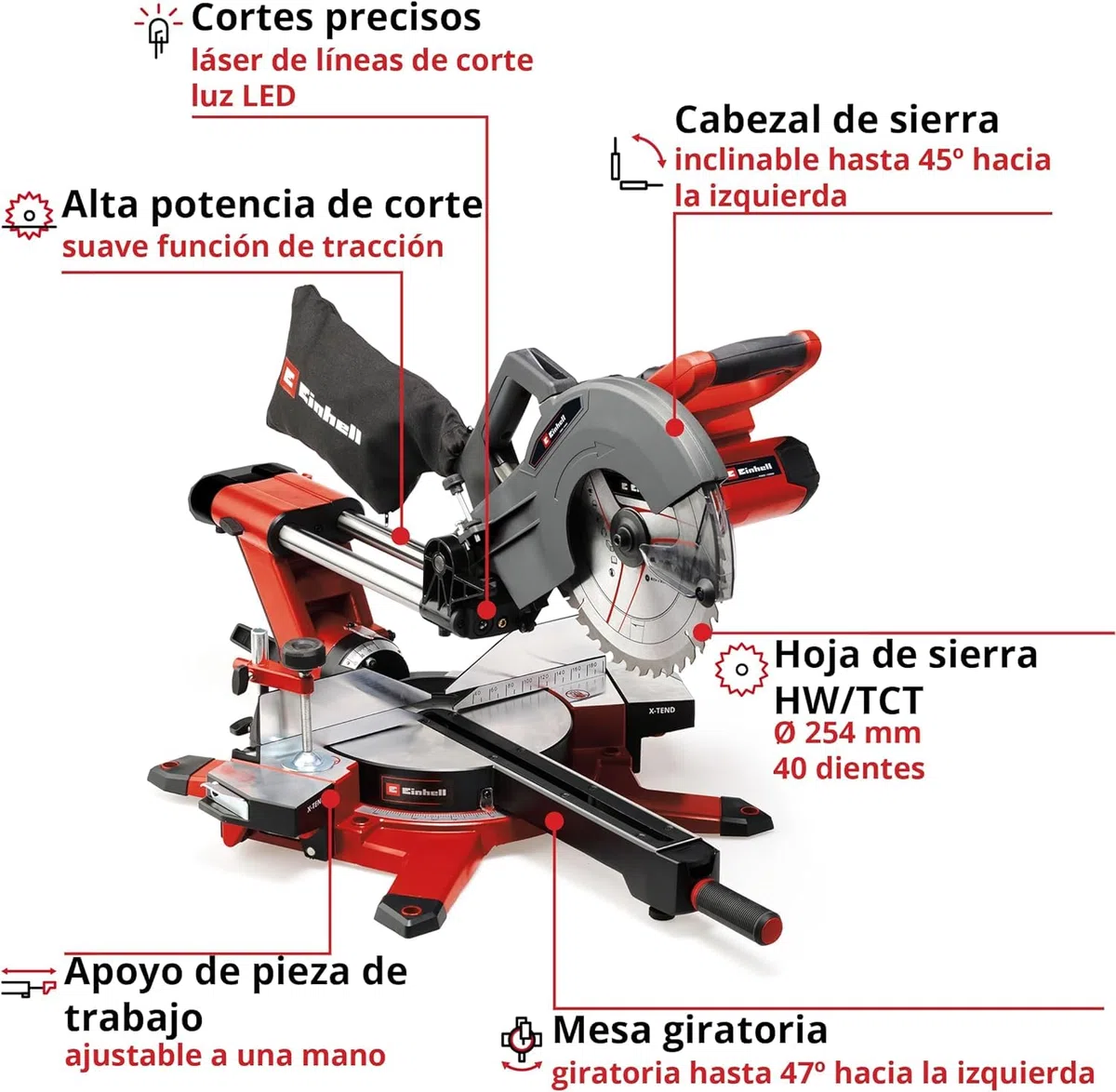 Einhell Sierra de tracción, vaivén e inglete con batería TE-SM 36/10 L Li-Solo Power X-Change (36 V, hoja de sierra 254 mm, 3800 rpm, función de tracción suave, láser de línea de corte, sin batería)