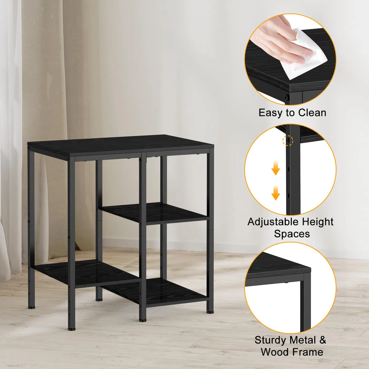 smusei Estantería Multifuncional de 4 Niveles, Estilo Minimalista, Negro, 66 x 40 x 60 cm, 4 Estantes Ajustables, 50 lbs de Capacidad, Incluye Hardware, Montaje en 30 Minutos