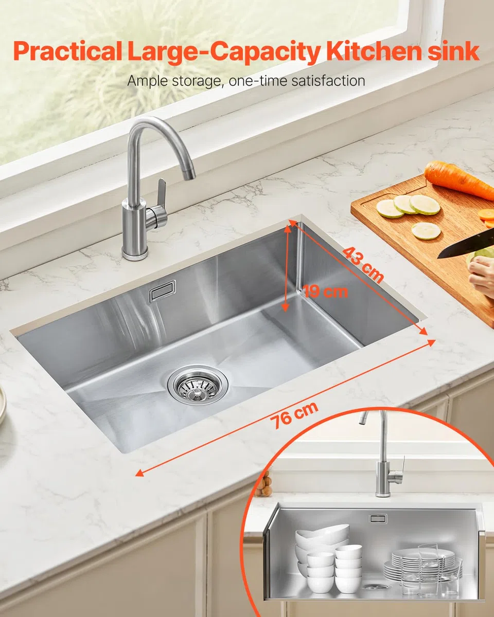 VEVOR Fregadero de Cocina bajo Encimera Acero Inoxidable 304, Lavabo de Granja de Un Solo Tazón con Accesorios, Fregaderos de Lavavajillas Domésticos para RV, Cocina de Preparación, 760 x 430 x 190 mm