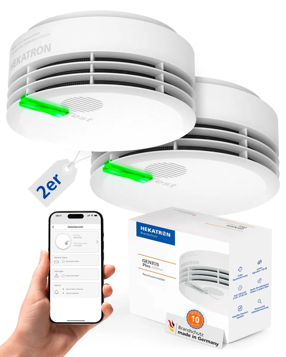 Hekatron Genius Plus Edition 2021 - Detector de Humo con Pilas y Almohadillas Adhesivas - Juego de 2 - En Blanco