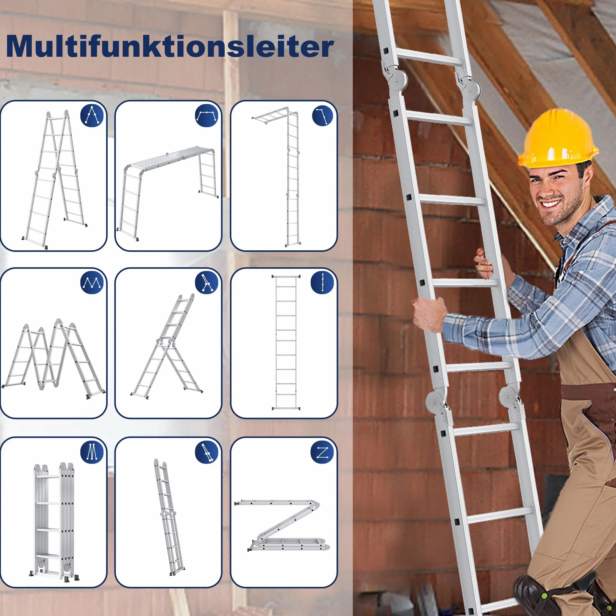 Froadp Escalera multiusos 6 en 1, 4,7 m, plegable, de aluminio, con 2 ruedas y plataforma, multifunción, soporta hasta 150 kg