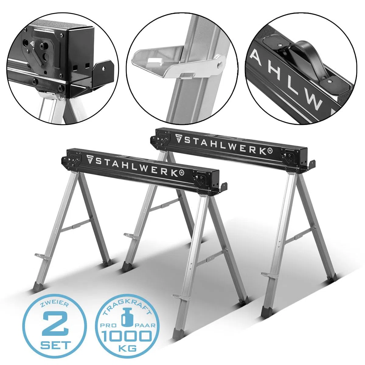 STAHLWERK SB-757 ST caballete de trabajo en un juego de 2 caballetes de trabajo de metal con recubrimiento de polvo | caballete plegable universal con una capacidad de carga máxima de 500 kg