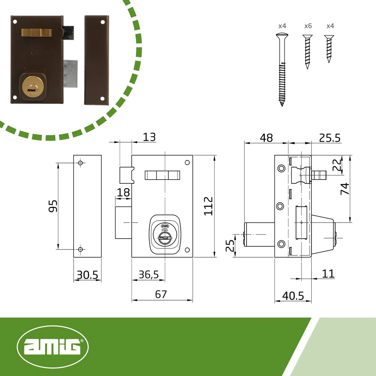 Amig - Cerradura de Sobreponer de Derecha con Palanca de Cierre - Tirador para Puertas de Madera - Mod. 75 67 x 112 mm - Cilindro Redondo de Seguridad - Acero - Marrón