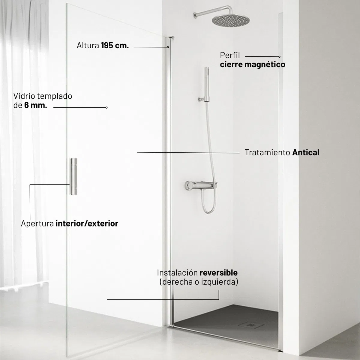 Mampara de Ducha Abatible SERIE 200 - Medida Adaptable de 77-81 x195 cm - Vidrio Templado, Antical, Transparente de 1 Hoja de 6 mm - Panel de Ducha con Perfil de color Plata Brillo - REALSHOWER