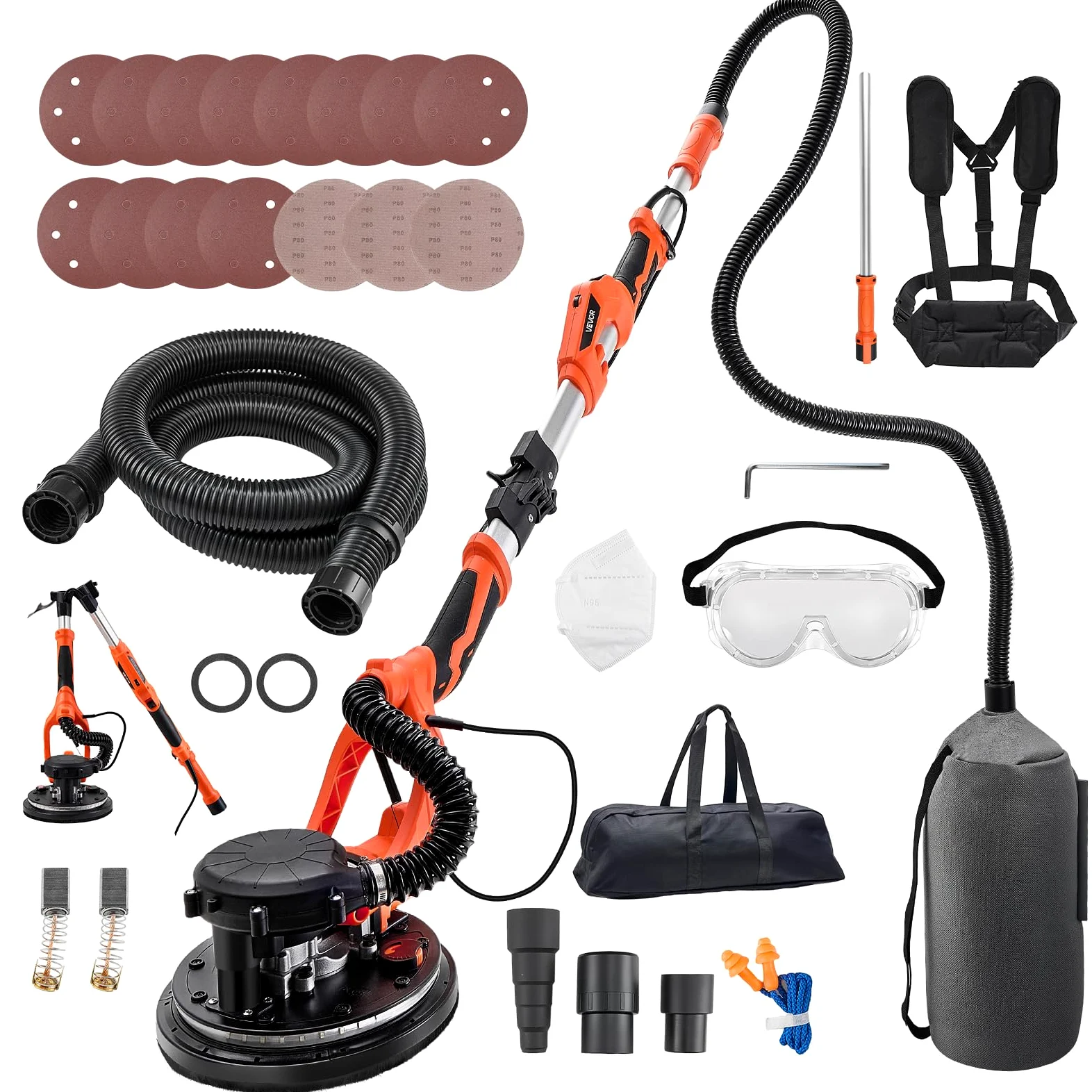 VEVOR Lijadora de Pared y Techo 1150W, Lijadora Jirafa, 5 Velocidades 800-1700 RPM, Tubo Telescópico 1,4-1,8 m, Aspiradora LED Integrados, 15 Hojas de Papel de Lija, Pulidora para Pared de Yeso Gotelé