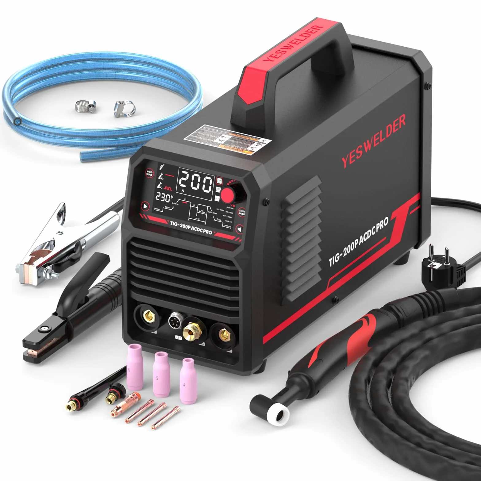 YESWELDER Soldadora TIG AC DC 200A, Pantalla LED, Multi-función de Alta Frecuencia, Pulso TIG/Soldadura por Electrodo/DC TIG, Soldadura de Aluminio