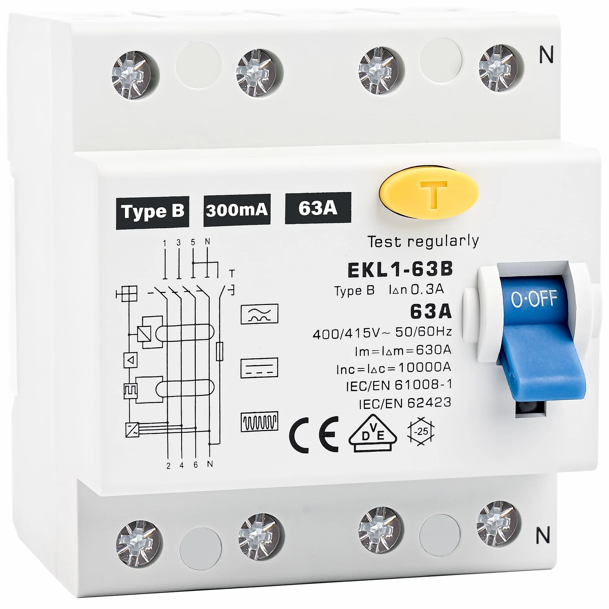 Warmfay Interruptor de protección tipo B 63 A 300 mA 4 pines, certificación VDE, interruptor RCD sensible a todos los flujos, interruptor automático para estaciones de carga, montaje en carril DIN