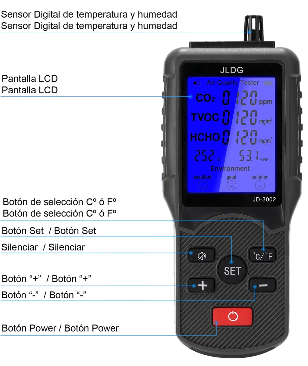 Medidor CO2 PHASAK JD 3002 8 en 1 Negro, Multicolor, Standard, Porta merienda 3D Strong