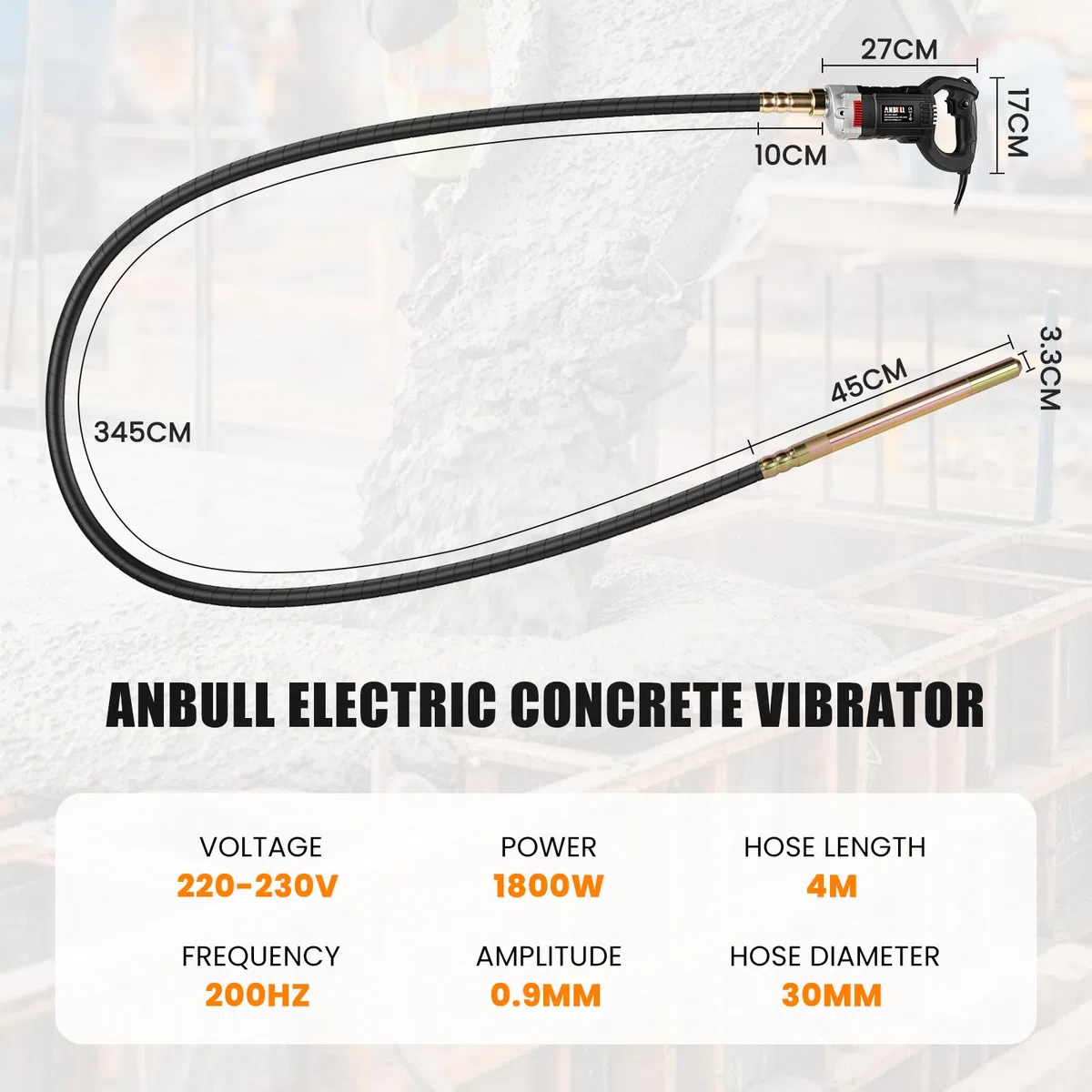Anbull Vibrador de Hormigón 4 m, 1800 W Vibrador para Hormigón, 5000 rpm, Amplitud: 0,9 mm, Concrete Vibrator, Negro