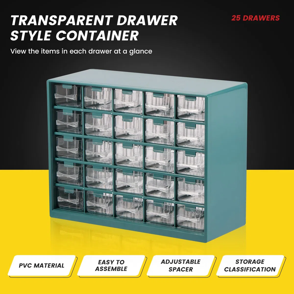 Organizador de almacenamiento de hardware de 25 compartimentos visible, organizador de tornillos de 25 cajones, gabinete para garaje, cobertizo, caja de herramientas de bricolaje, cajón de plástico