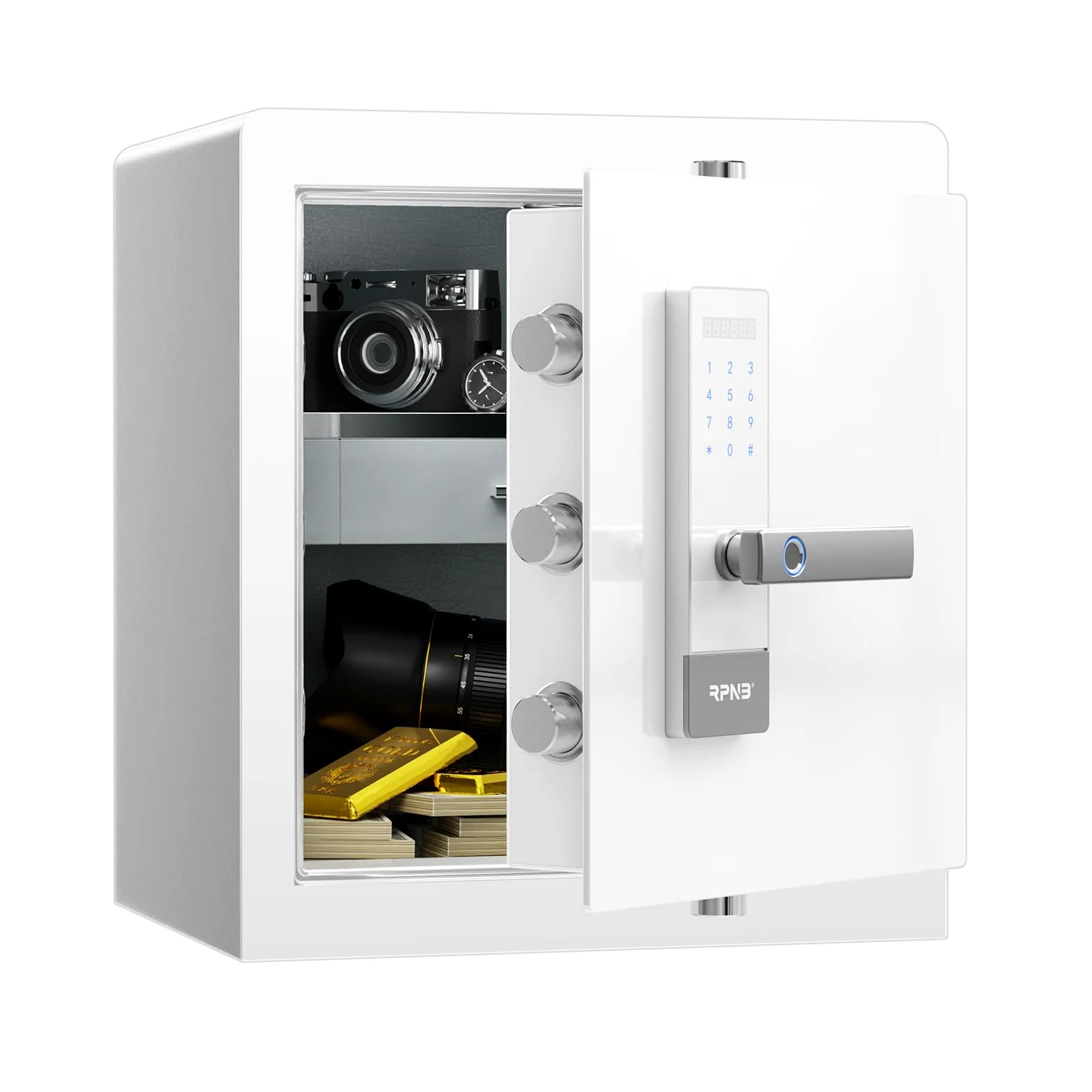 RPNB Caja Fuerte Biométrica para Huellas Dactilares con Pantalla Táctil, Avisos de Voz, Doble Advertencia, Desbloqueo con Un Toque, Perfecto para Oficina en Casa, Hotel, Oficina, 45L, Blanco
