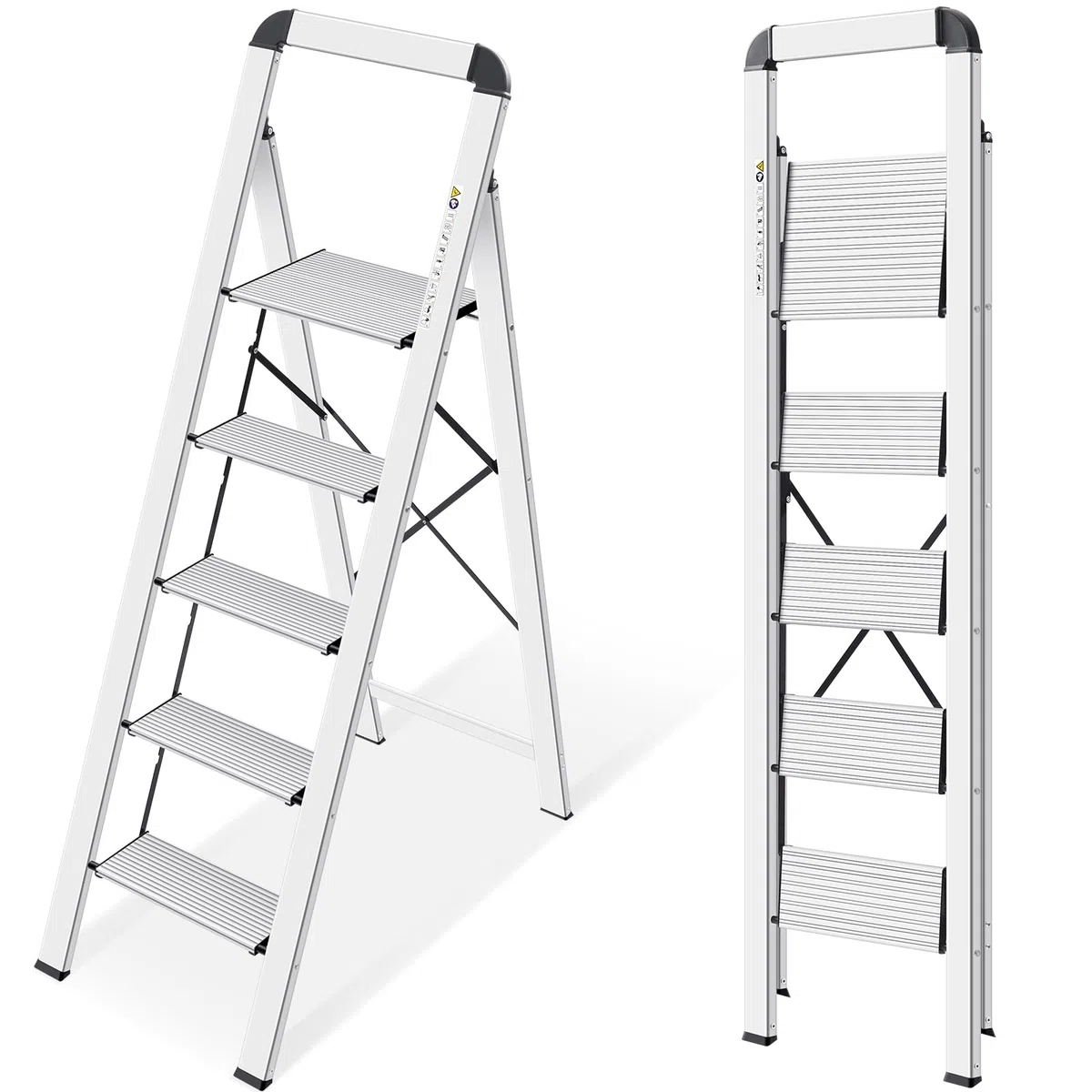 KINGRACK Escalera de Tijera 5 peldaños Plegable de Aluminio, Escalera Doméstica Estrecha con Pasamanos, Mecanismo Antiplegado, Uso Hogar Cocina Despensa Oficina, Ahorro de Espacio y Portátil, Plata