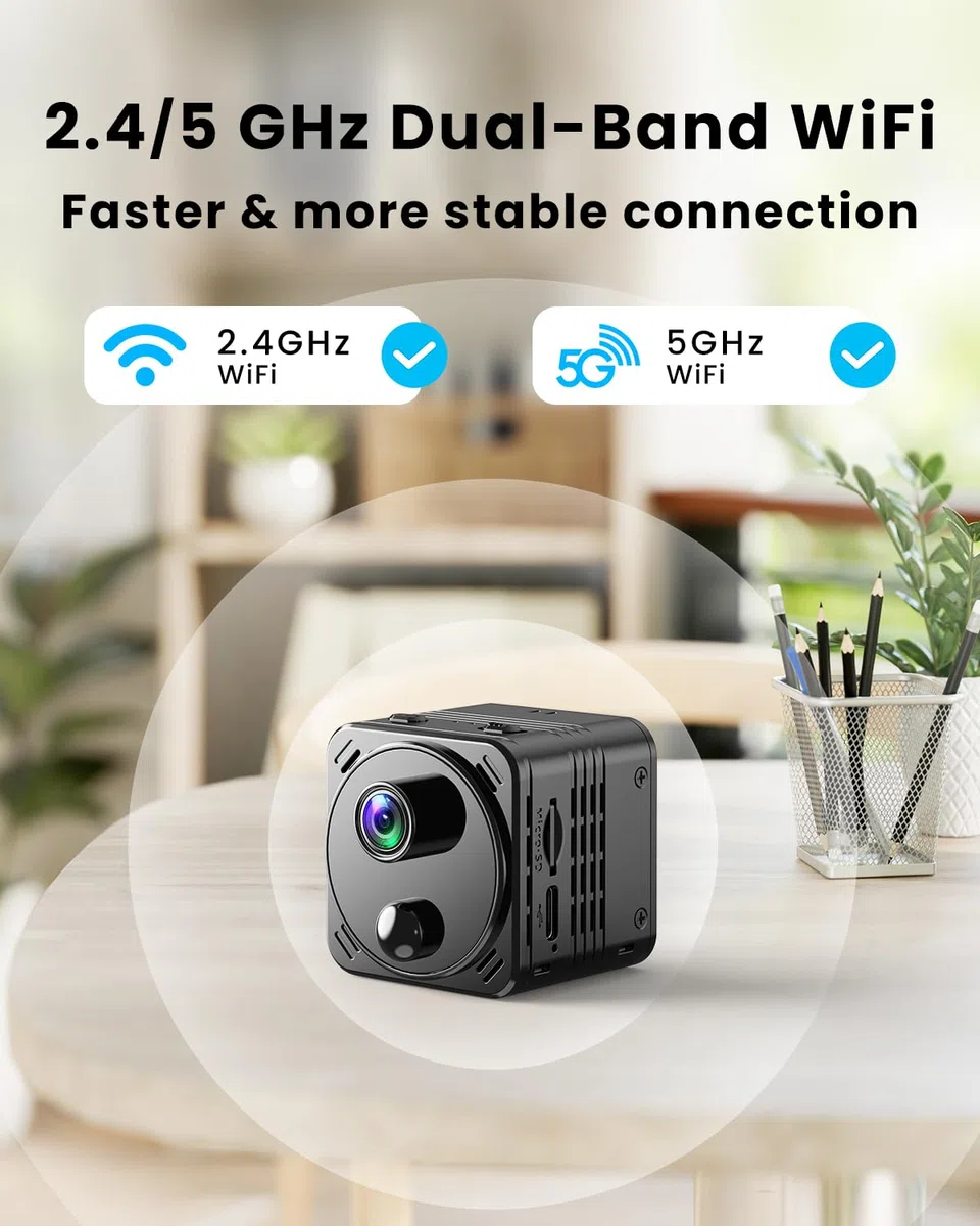 VIDCASTIVE Mini cámara oculta 4K de doble banda 2.4/5GHz WiFi cámara de seguridad interior con detección humana AI, visión nocturna, almacenamiento en la nube/SD, hasta 150 días de duración de la