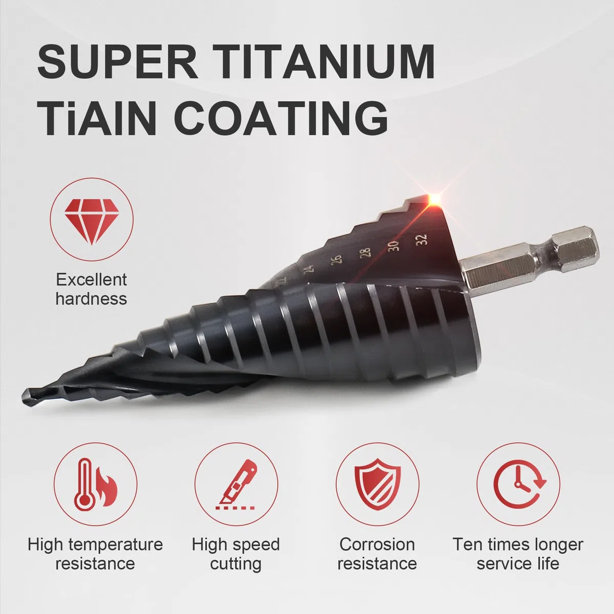 Broca Escalonada para Metal Ø 4-32mm, HSS M42 Broca Conica TiAlN Cobalto, con Vástago Hexagonal, Profesional 15 Pasos Doble Espiral Brocas para Acero Inoxidable, Metal Duro, Madera, Plástico