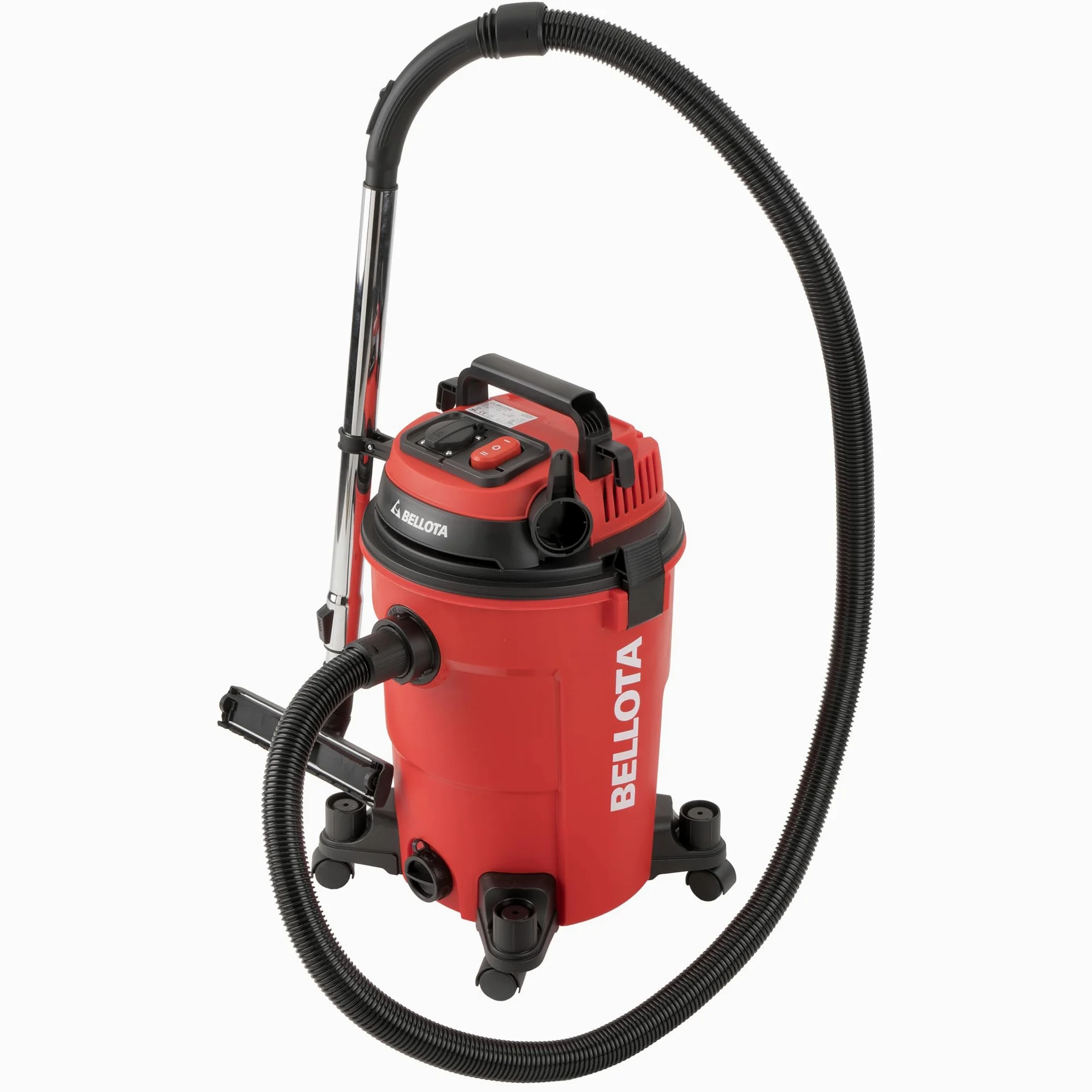 Bellota ASL2500SE - Aspirador con cable para aspirar restos líquidos y sólidos sincronizado, 25L, 2KW, Manguera (32mm Ø) de 2 metros, Tubo extensible metálico (440mm), enchufe sincronizado, con ruedas