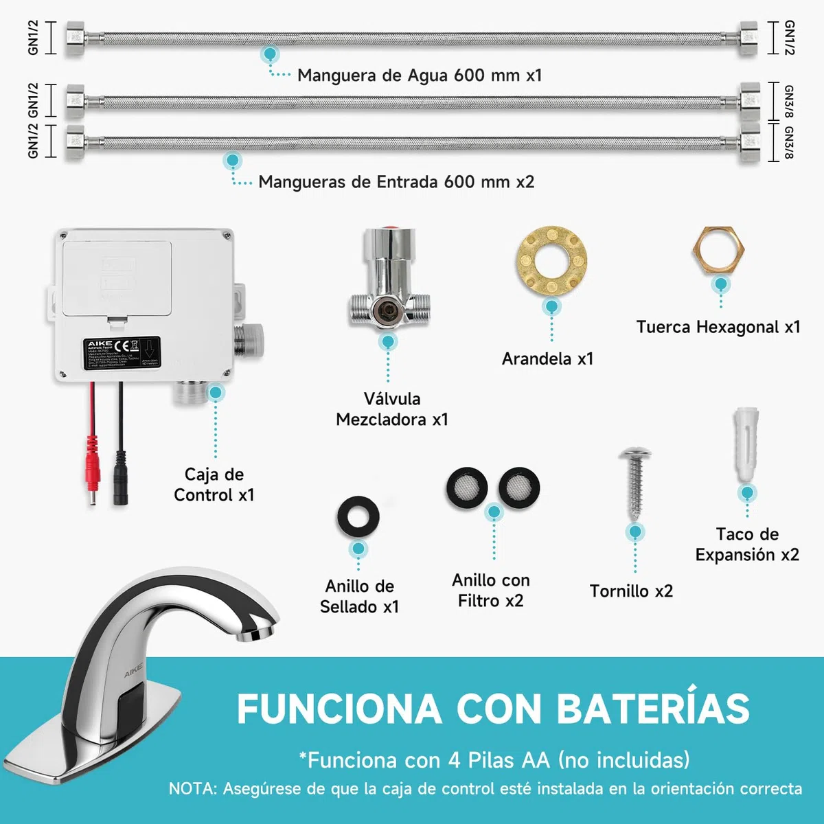 AIKE AK7500 Grifo Sin Contacto para Baño, Grifo Automático con Sensor de Un Solo Agujero con Placa de Cubierta para Baños Comerciales, Cromo
