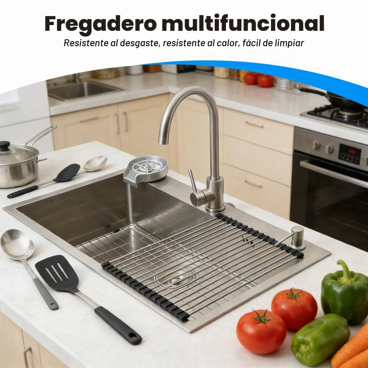 Fregadero Cocina 85x50cm, Fregadero de Cocina Acero Inoxidable 304, Multifuncional Fregadero Cocina Grande 1 Seno, con Grifo, Filtro de Drenaje, Rejilla de Fondo, Sifón y Descarga (kitchen sink)