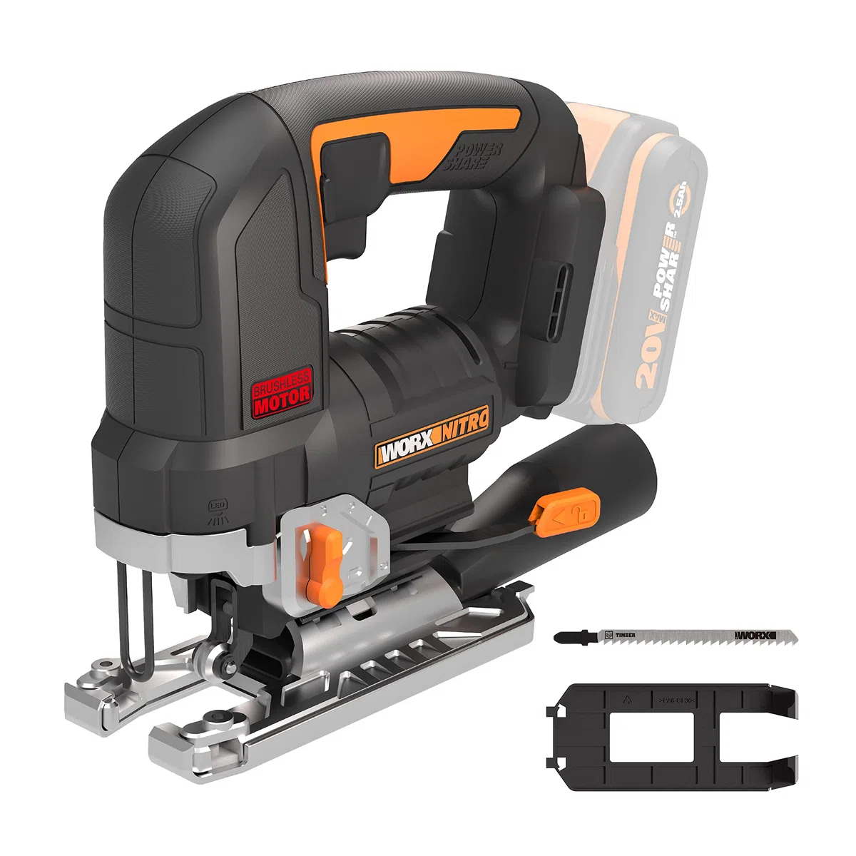 WORX Sierra de calar 20V | Power Share | WX542.9 Potente motor sin escobillas | 3 posiciones, penduleo y tubo de aspiración | sin batería ni cargador | Caja de cartón