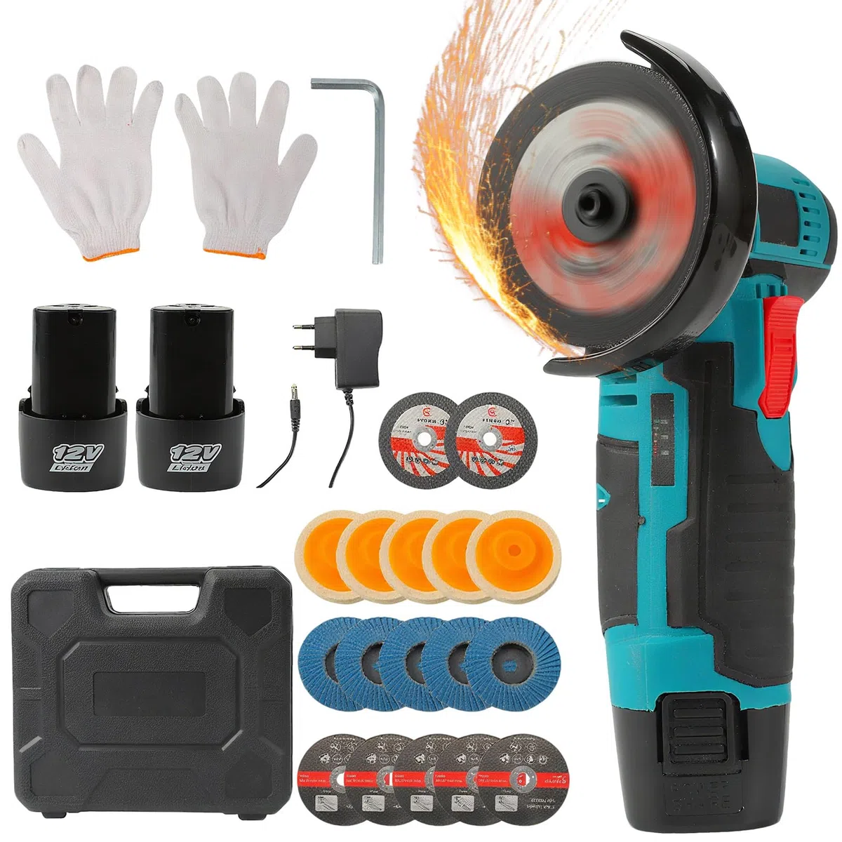 Mini amoladora angular inalámbrica 19.500 RPM,disco 76 mm, 12 V disco inalámbrico con 2 baterías 2000 mAh,17 discos de corte para molienda, pulido, corte (blue)