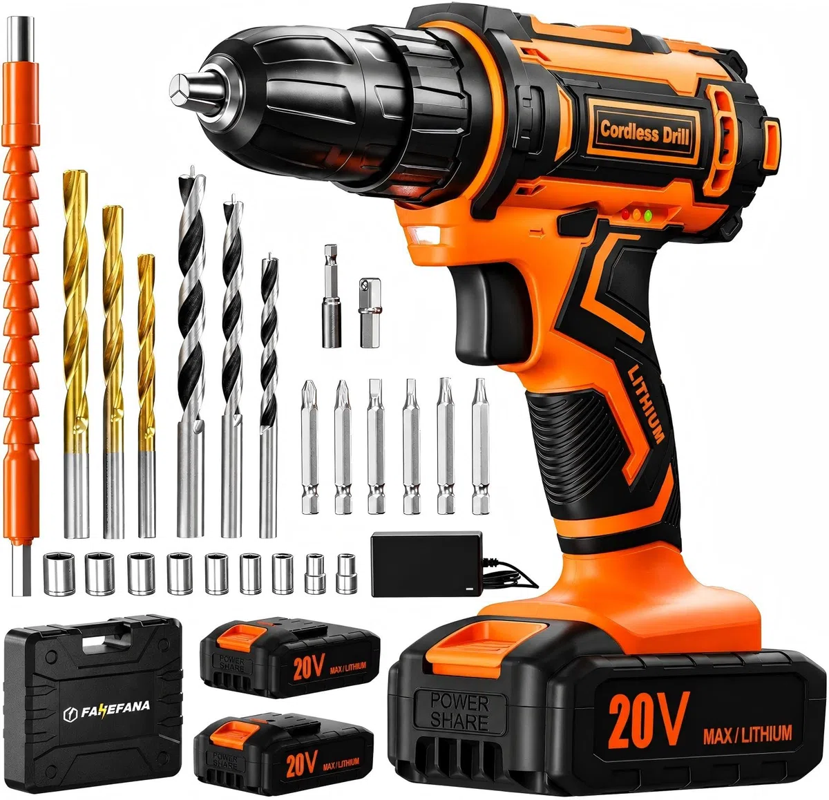Taladro Atornillador a Batería 20V Inalámbrico, 42Nm Alto Torque, 2 Baterías Recargables 2000mAh, 25+1 Ajustes de Par, 2 Velocidades, Portabrocas 10mm, Luz LED Integrada, Juego 24 Piezas Accesorios