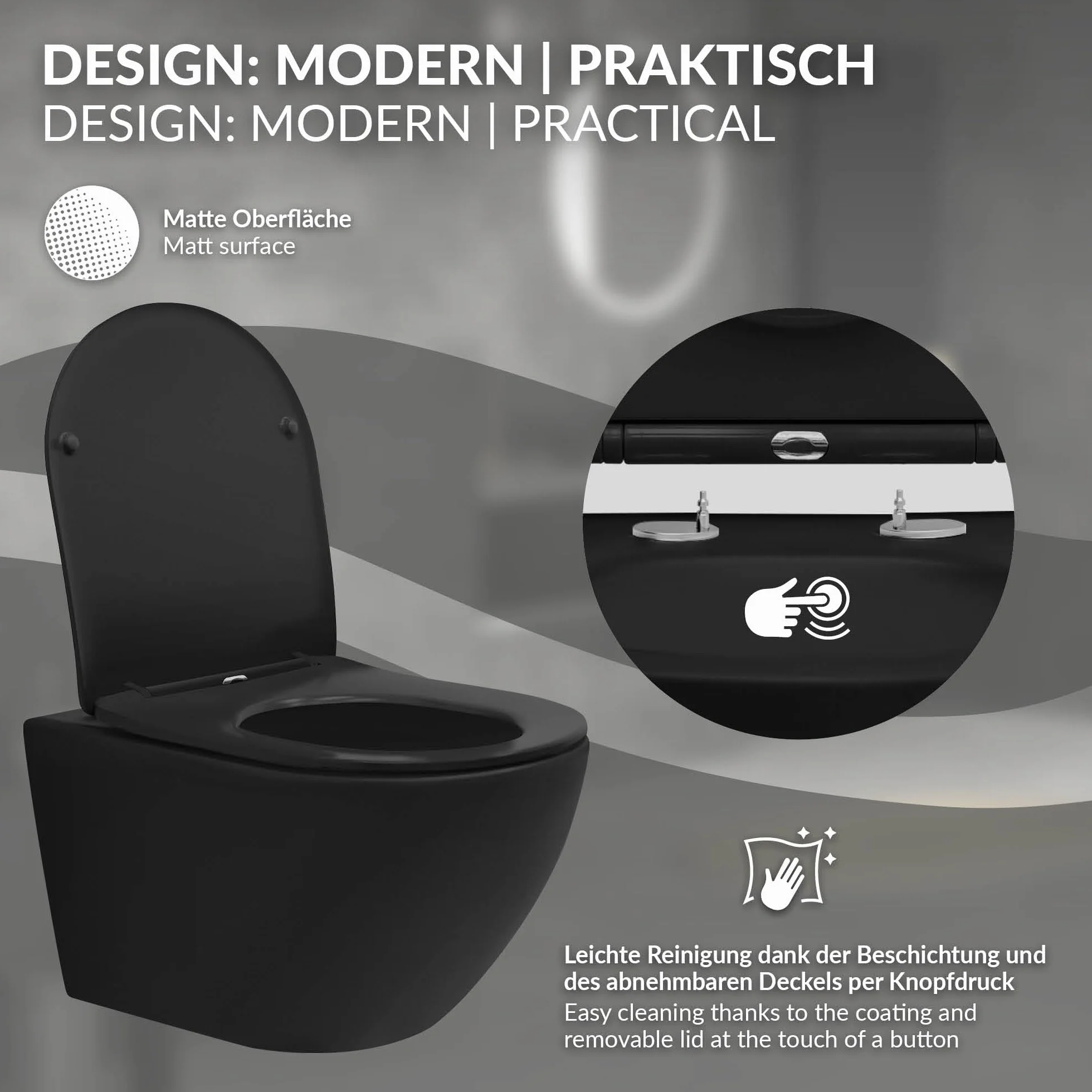LuxeBath WC Suspendido Negro Mate de Cerámica sin Borde, Inodoro Colgante 54cm Largo con Descarga Profunda de Tornado para Baño, Wáter con Asiento Extraíble y Tapa Softclose