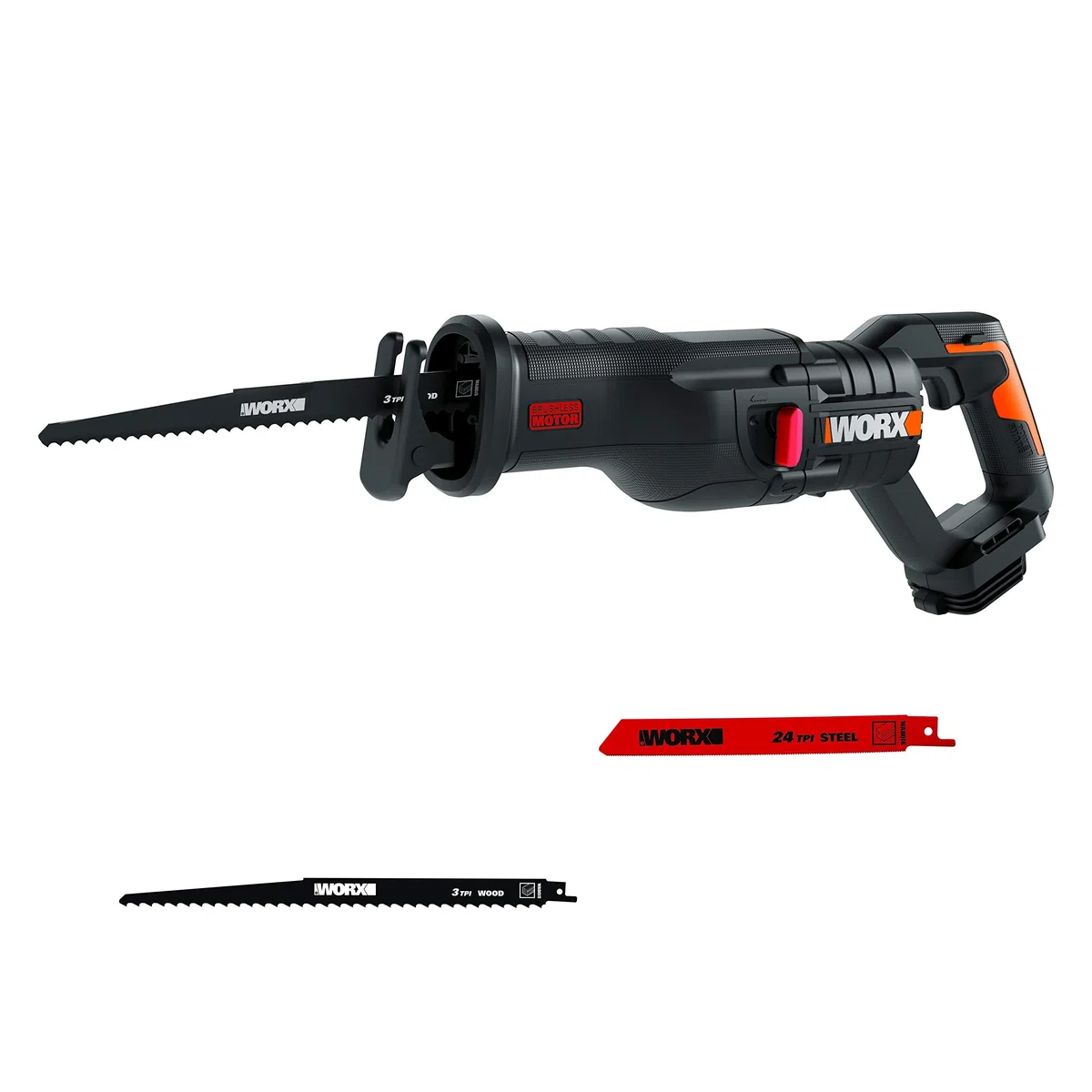 WORX Sierra sable Brushless 20V | PowerShare | WX516.9 - Sin batería, ni cargador | Motor sin escobillas, patín pivotante ajustable, cambio de cuchilla sin herramientas