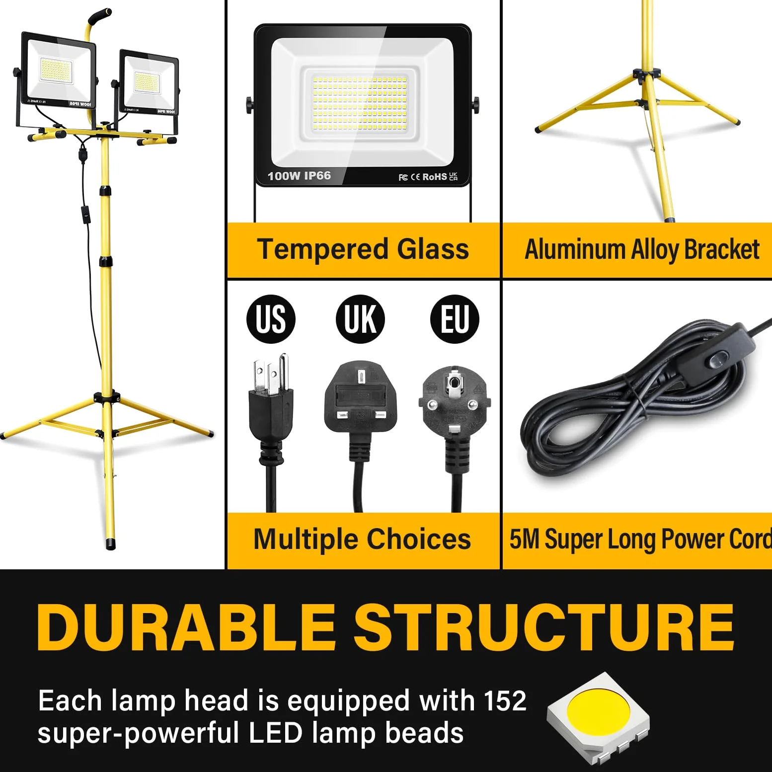PICAA 200W(2 * 100W) Foco LED con Trípode Telescópico, 6000K Luz de Trabajo Portátil con Enchufe, Interior y Exterior Proyector Led para Taller, Obra de Construcción, Garaje, Jardín