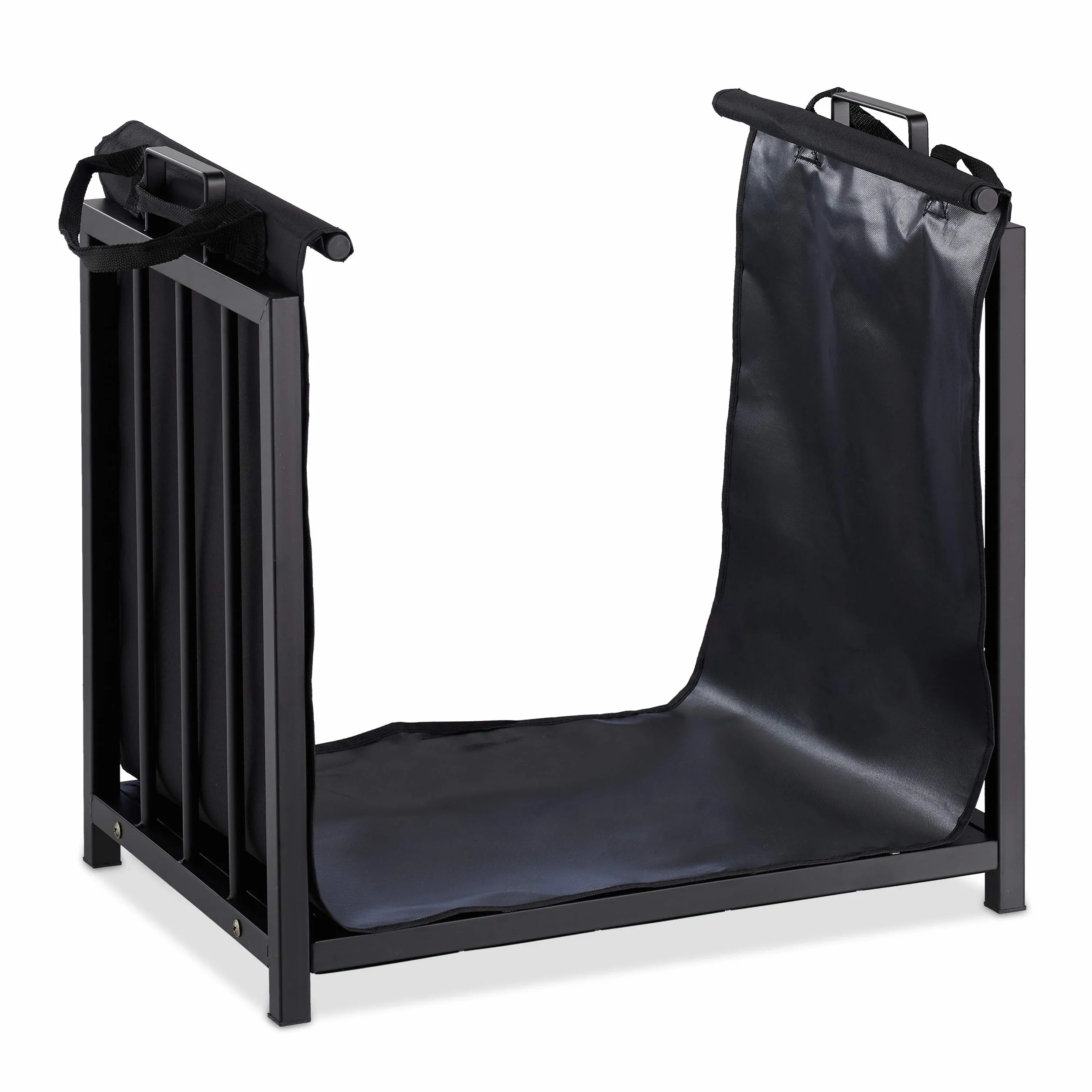 Relaxdays Leñero Interior con Bolsa, Diseño Moderno, Metálico, Chimenea, Almacenaje Leña, Acero, 50 x 51 x 37 cm, Negro